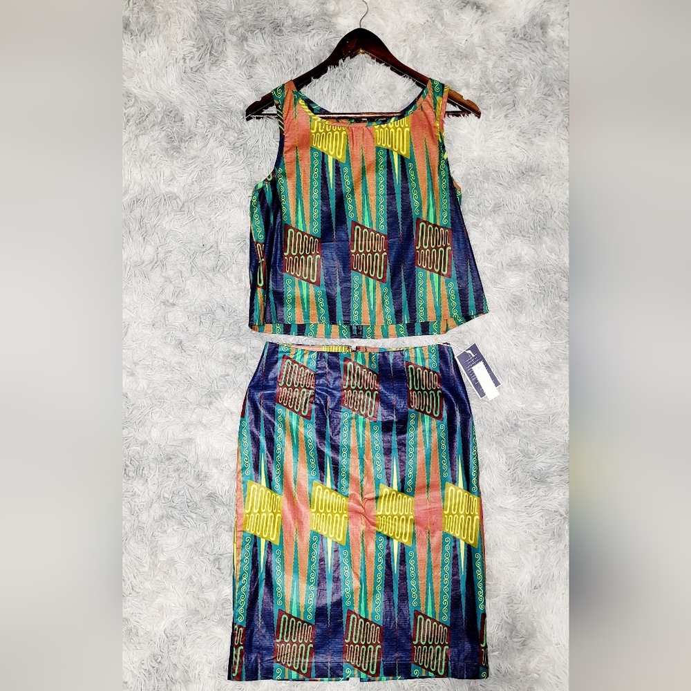 Legend & Song Kente Print, Dutch Wax Sleeveless Crop Top & A-Line Skirt, size 2